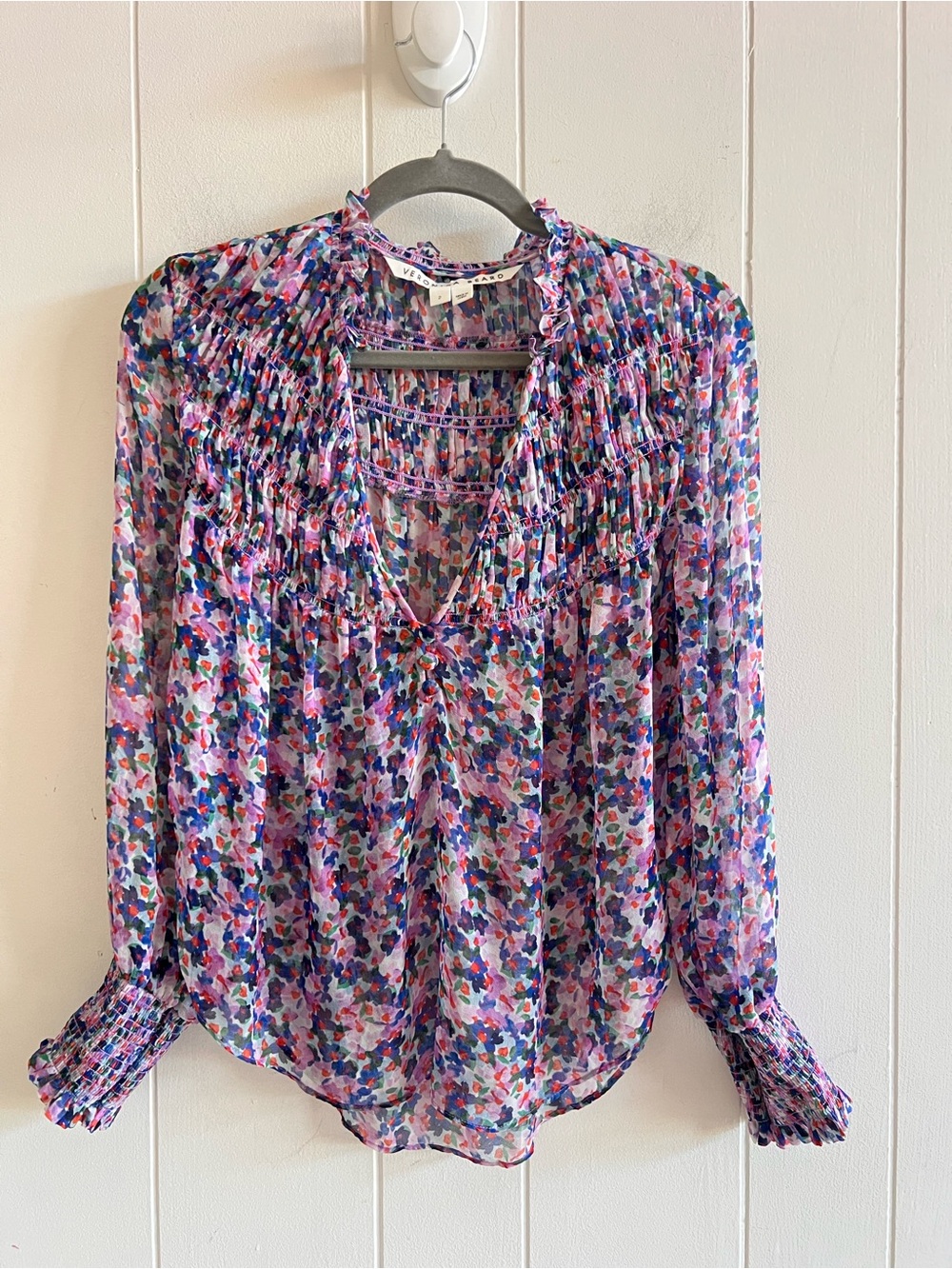 Veronica Beard Purple Multi-Color Floral Smocked Blouse